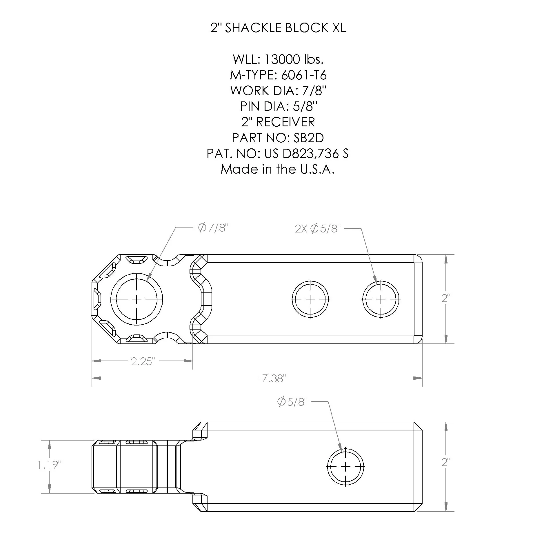 Hitch Shackle Block 2" Kit w/ D-Ring & Hitch Pin - Image 3
